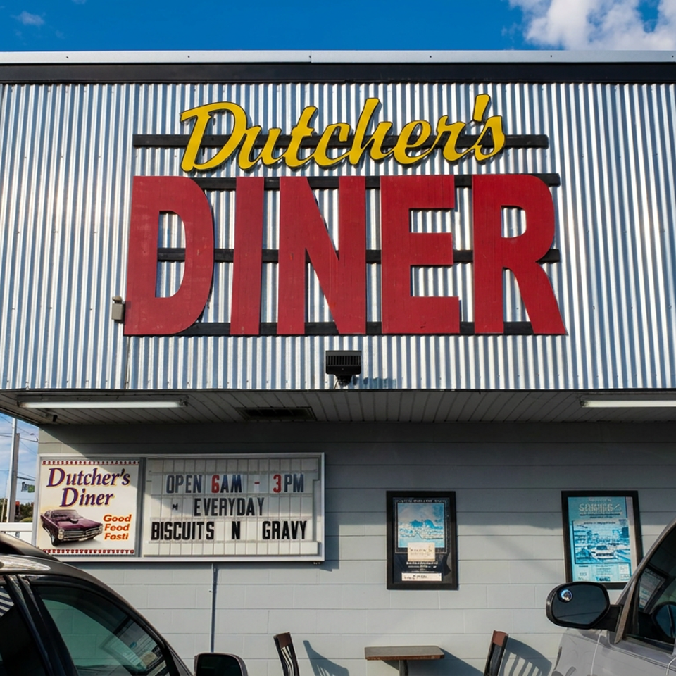 Dutcher’s Diner exterior features a corrugated metal facade, oversized red-and-yellow signage, posted hours, and parked cars.